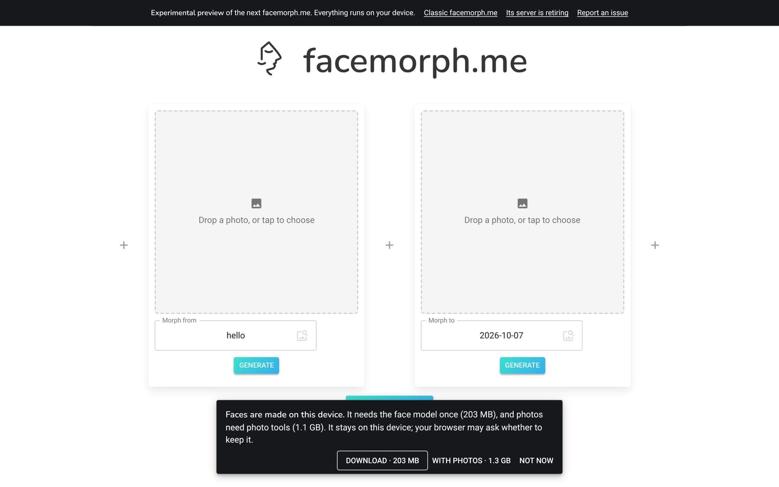 The new facemorph.me: generate faces from words, seeds or photos, all on your device