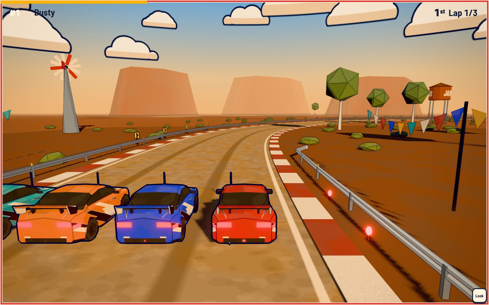 Comic-style low-poly cars racing on an outback track with mesas, a windmill and bunting