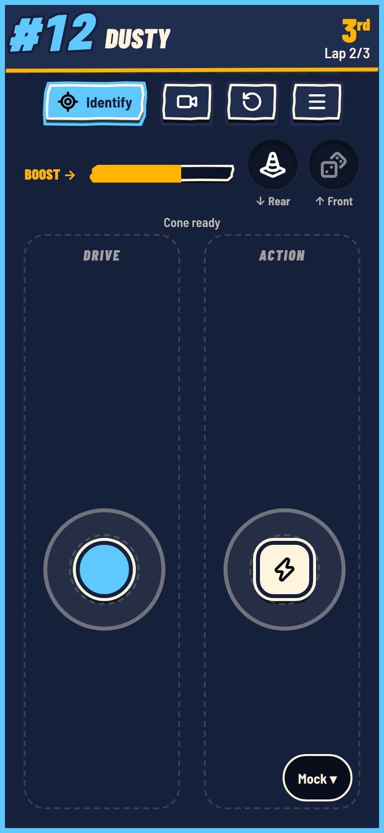 The phone controller: drive and action thumbsticks, boost bar and lap position